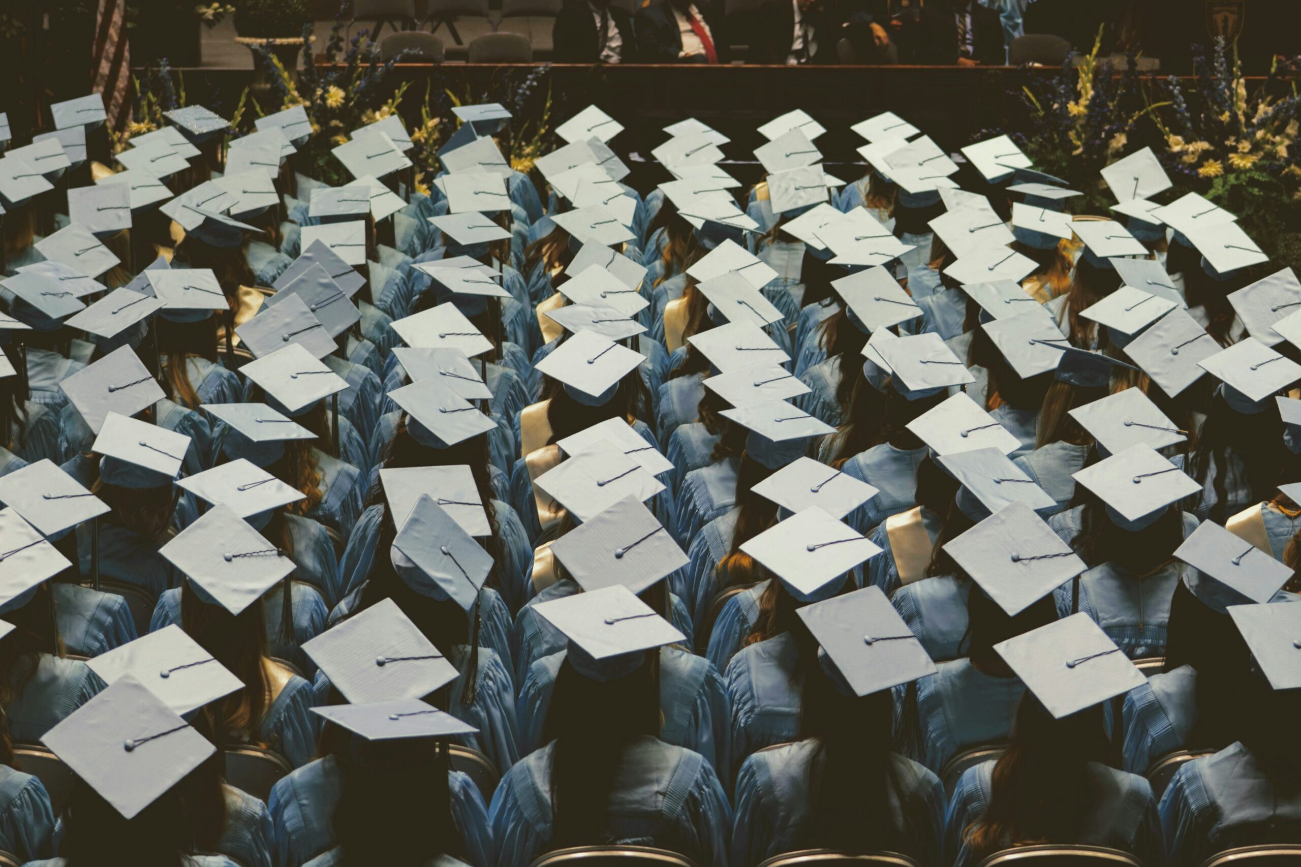 A back shot image of graduates sitting at the graduation ceremony