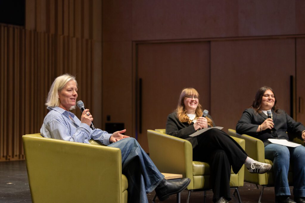 A Q/A session with Catherine McKenna on stage answering student questions