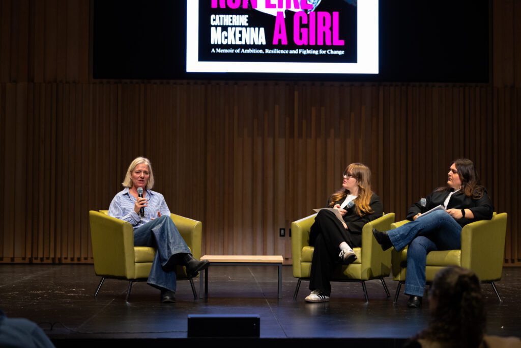 A Q/A session with Catherine McKenna on stage answering student questions