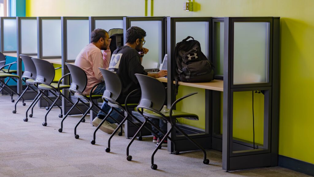 Students studying at desks.