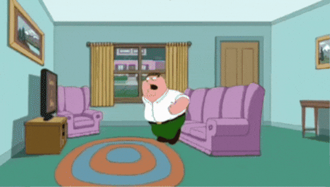 Peter Griffin from Family Guy angrily running around and destroying his living room