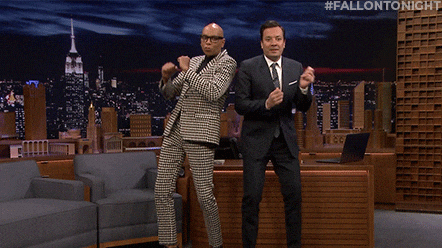 Jimmy Fallon dancing with RuPaul on a TV show.