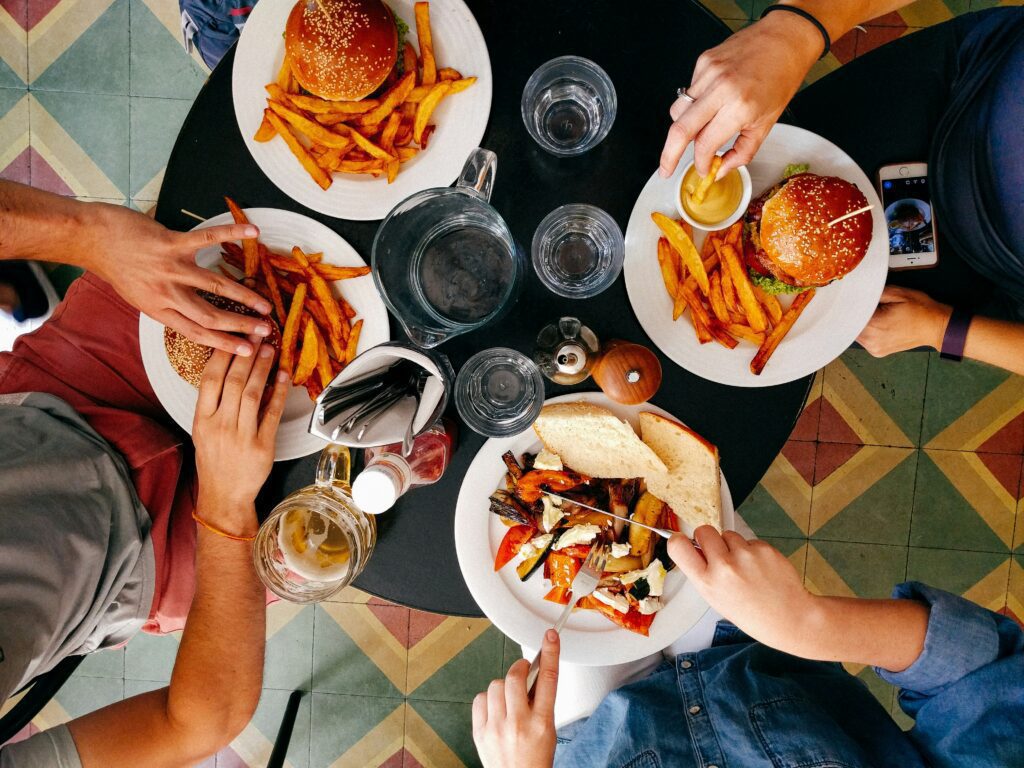 A top-shot of food on a round table