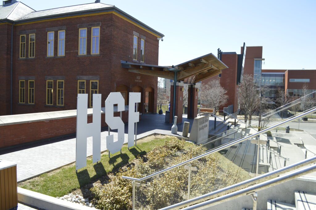 A photo of Humber Lakeshore's HSF building with an HSF sign outfront.