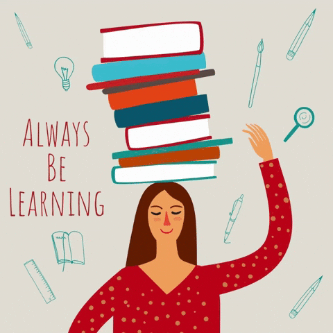 A graphic animation of a girl with a stack of books in her head, appearing the juggle it. The text in the photo reads, "Always be Learning."