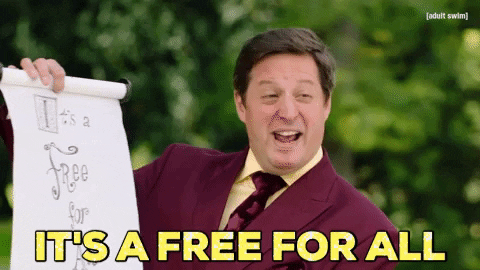 Man showing a poster and saying, "It's a free for all."