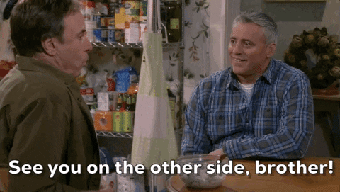 Two men sitting together with one saying "See you on the other side, brother!"