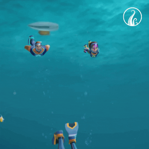 An animated image of cartoonish characters swimming. They have masks on and are surrounded by fish and other sea animals.