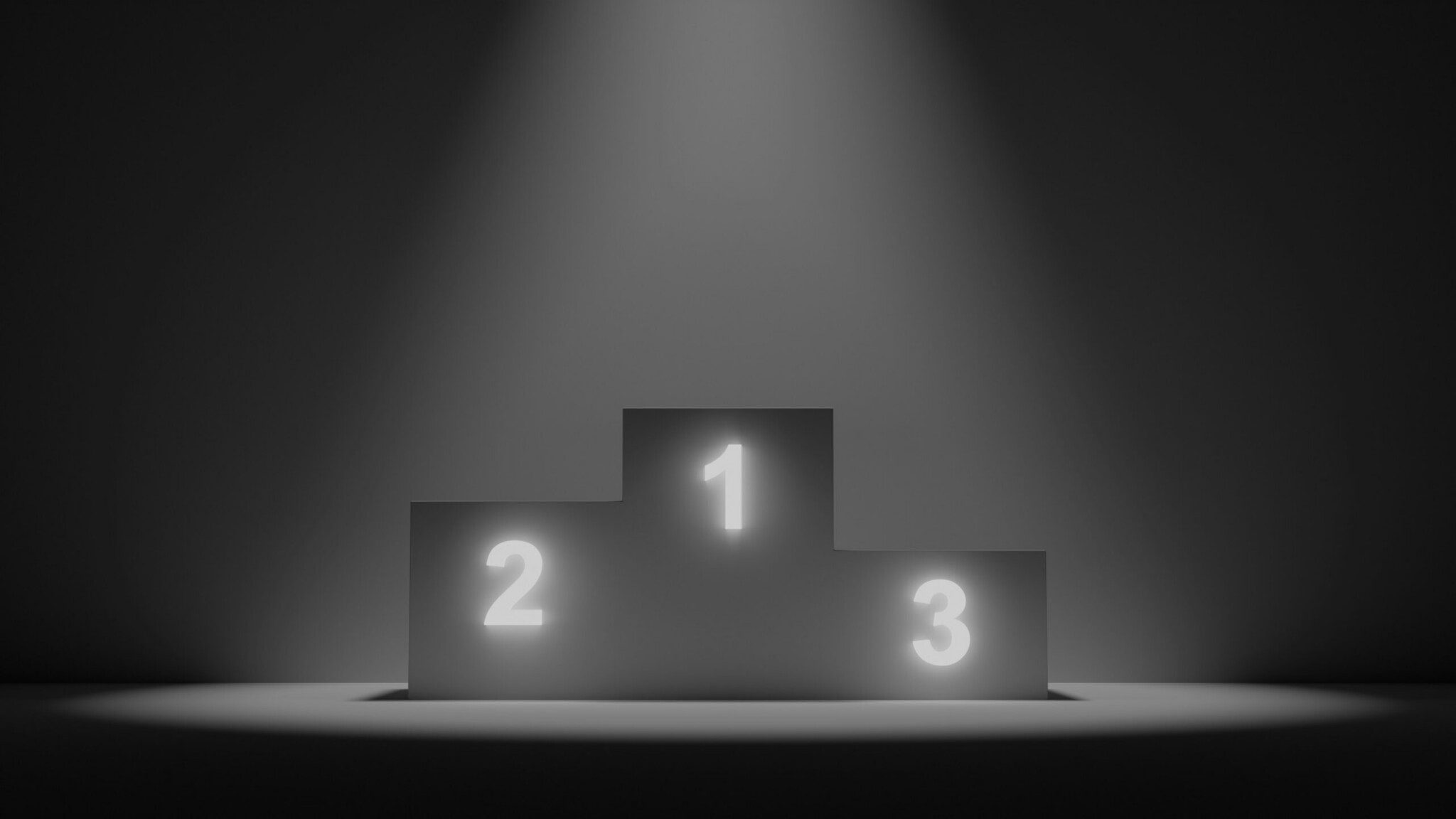 Three-tier winner podium with glowing numbers 1, 2, and 3 in a dark, moody setting.