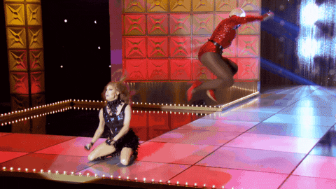 A drag performance ending in a split from the queens