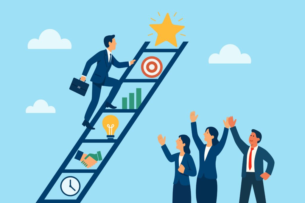 An Illustration of a person climbing steps with each step having a symbol of the corporate ladder with people cheering the person on.