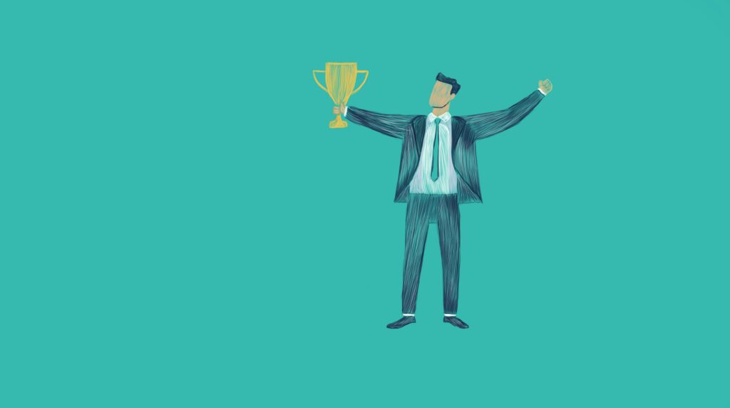An illustration of a man in a suit holding a trophy celebrating.
