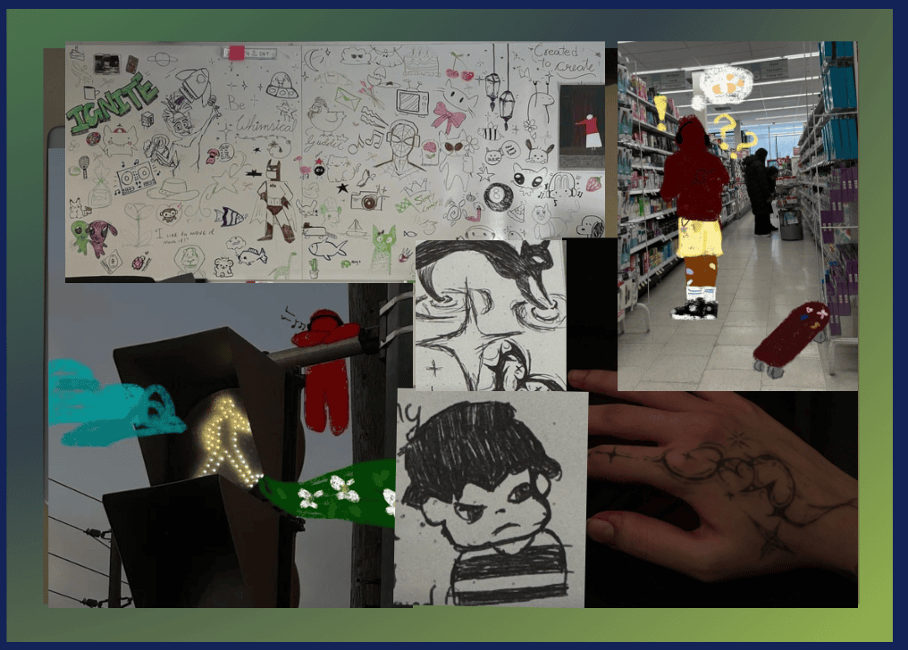 Picture collage of doodles on different mediums 