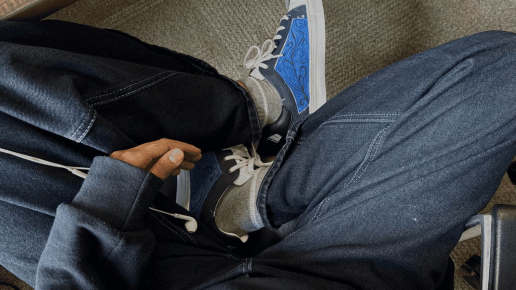 Photo of the painted shoes being worn