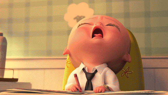 animated baby falling asleep and waking up as he bangs his head on the table