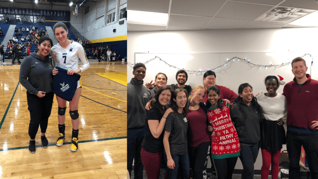Two photos side by side: left, two women stand on an indoor volleyball court; right, a group of people pose and smile in an office.