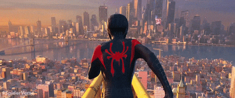 Spider-Man, Miles Morales, leaping from top of the building and gliding through the city