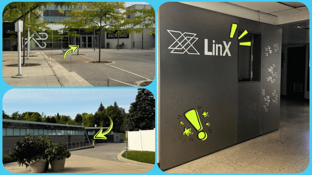 Images of the IGNITE Backyard and the LinX lounge, representing which doors to exit/enter to navigate towards the LX building. Photos use green arrows to point out specific doors and locations.