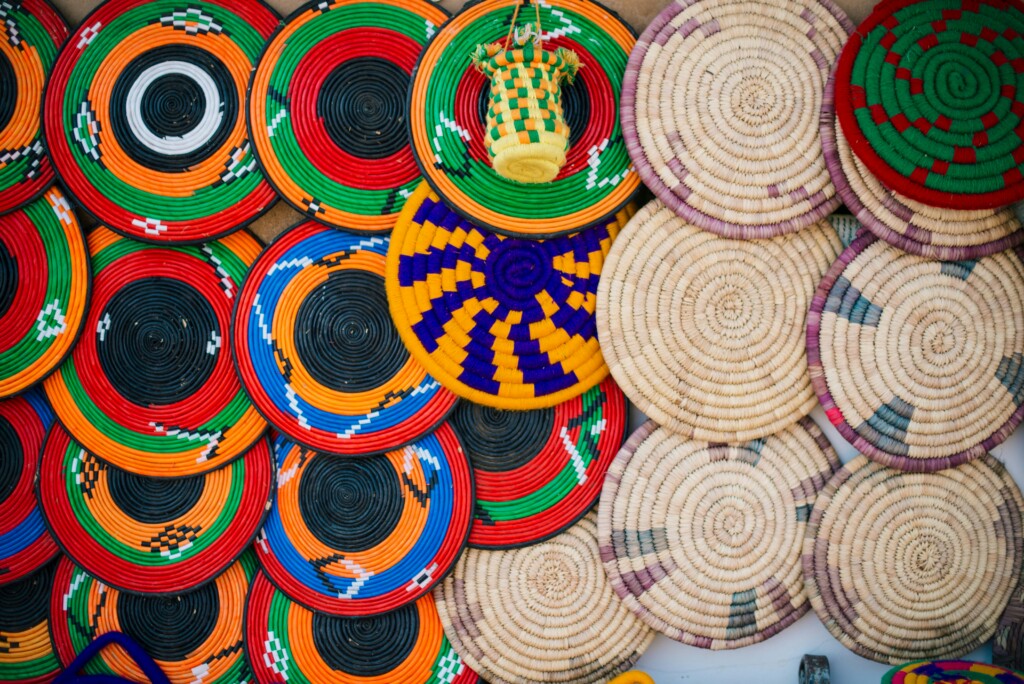 A collage of multicoloured basket woven decors