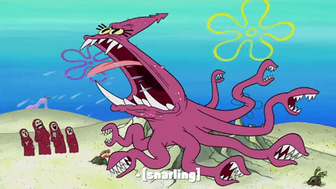 Giant purple squid from the show Spongebob Squarepants, with sharp teeth in its mouth yelling aggressively and spitting. The squids tentacles also have mouths on the ends with sharp teeth.