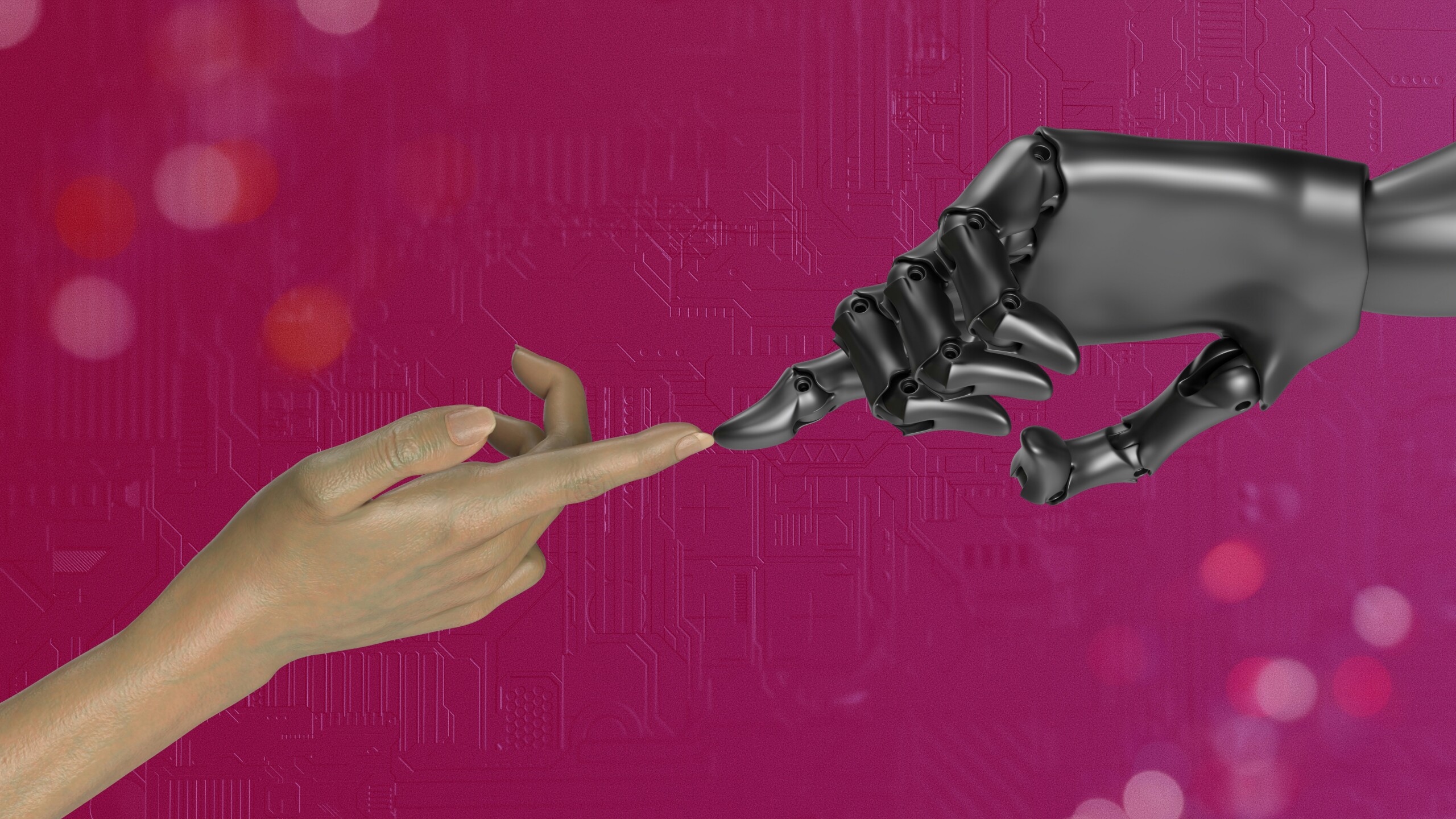 A human hand touching index fingers with a robotic hand.